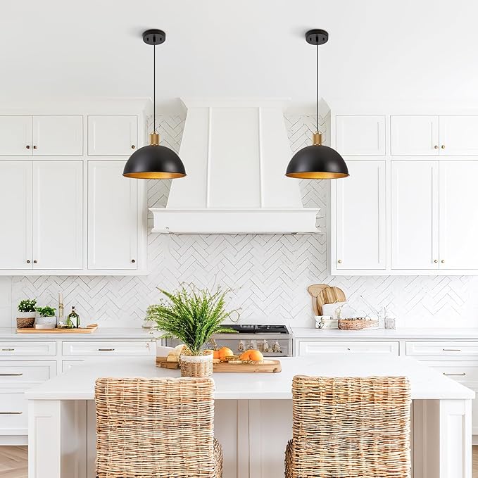 12 Inch Black Dome Pendant Lights 2 Pack for Kitchen Island, Height Adjustable Farmhouse Industrial Hanging Light Fixtures Over Table for Dining Room, Entryway