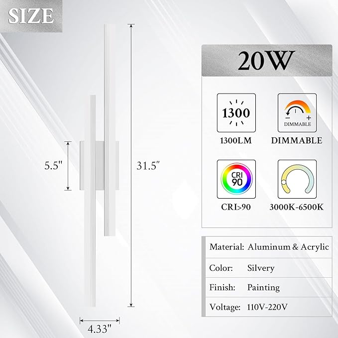 LED Wall Sconce Silver Modern Remote Wall Light Fixtures for Living Room, Dimmable LED Vanity Light Indoor Remote Wall Sconce for Bedside Bedroom Bathroom Dining Room, 31.5inch 1 Pack