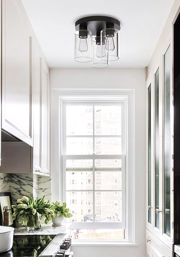 Debo Modern Farmhouse 3-Light Flush Mount Ceiling Light Fixture with Clear Glass Shade in Dark Bronze Finish for Hallway, Entryway, Passway, Bedroom, Garage, Kitchen, Balcony Living Room