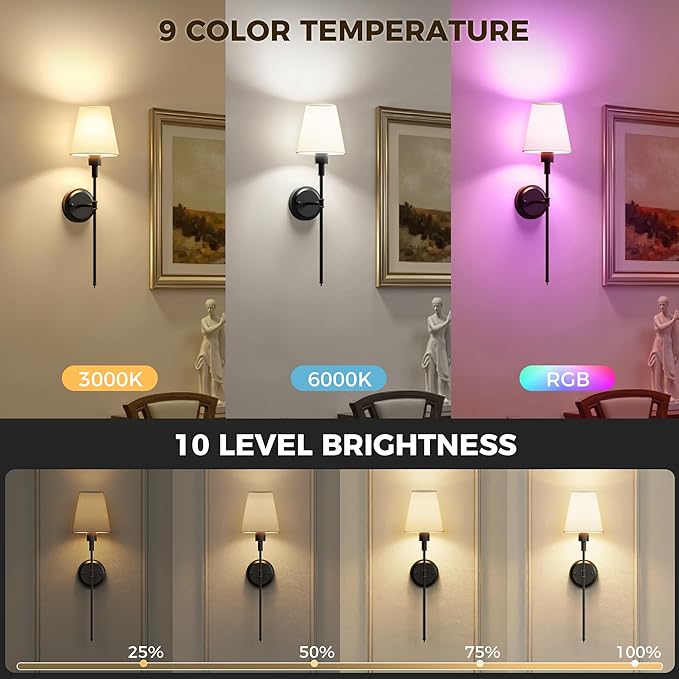 DORESshop Battery Operated Wall Sconce Set of 2, Wireless Wall Light Easy to Install, 15 Color Rechargeable Wall Sconces, Sconce Wall Decor Set of 2 for Bedroom, Living Room, Black, 24.6in