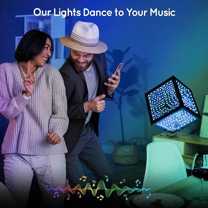 Infinity Mirror Hyper Cube Table Lamp, Desk Art Night Light, Color-Changing Music-Sync APP-Controlled Ambient Light for Gaming, Party, Home, Gift (8.2 Inches)