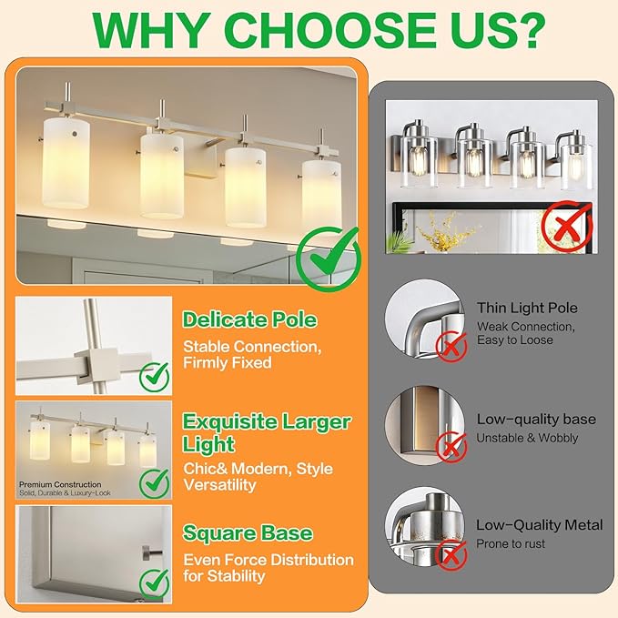 SOLFART 4 Light Bathroom Vanity Lights Over Mirror, Vintage Bathroom Lighting Brushed Nickel Wall Sconce with Milky White Glass Shade