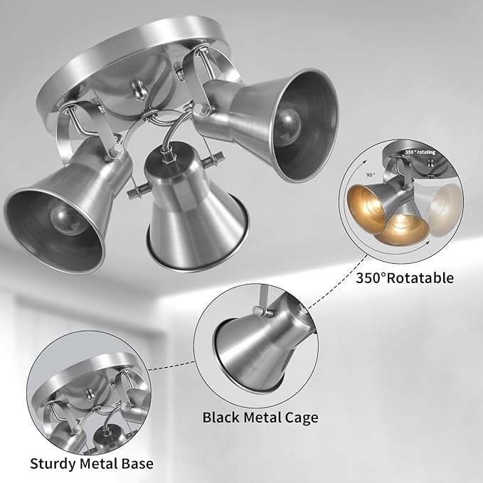 SEEBLEN 3-Light Industrial Track Lighting, Adjustable Round Kitchen Ceiling Light, Morden Nickel Flush Mount Directional Light for Kitchen, Hallway, Dining Room, Bathroom, Coffee Bar