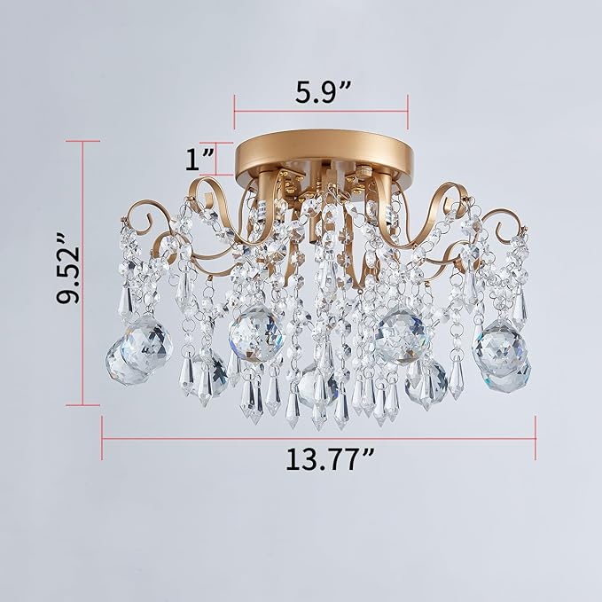 Rain Drop Crystal Small Crystal Chandelier Ceiling Light 3-Light Fixture Modern Chrome Iron Material Suitable for Bedrooms, Hallways, Walk-in Closets, Entryways, Stairwells (Gold)