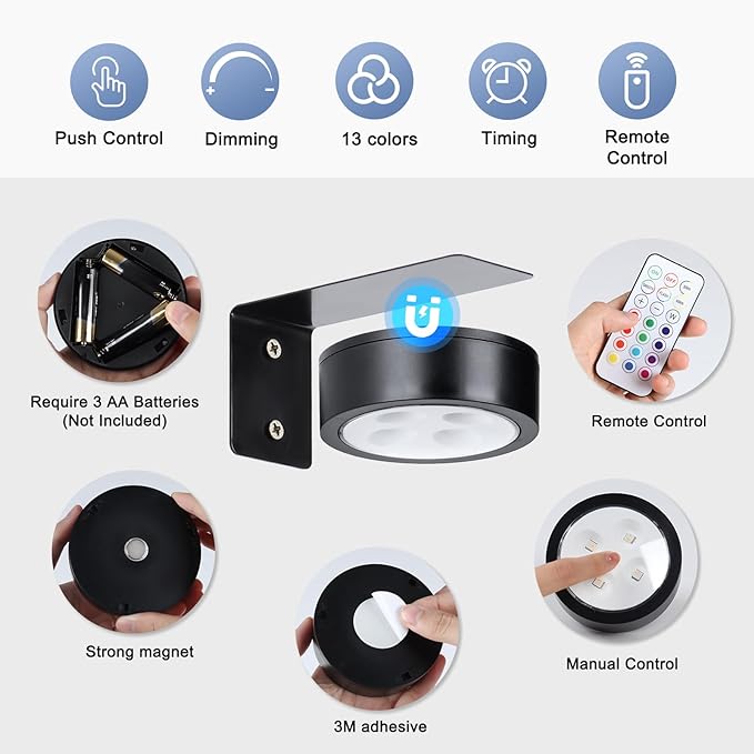 2-Pack Wireless Battery Operated Painting Light with Remote Control,13 Color RGB Magnetic Led Art Display Light for Picture Frame, Dimmable and Timer Painting Light, Wall Decor Black display light