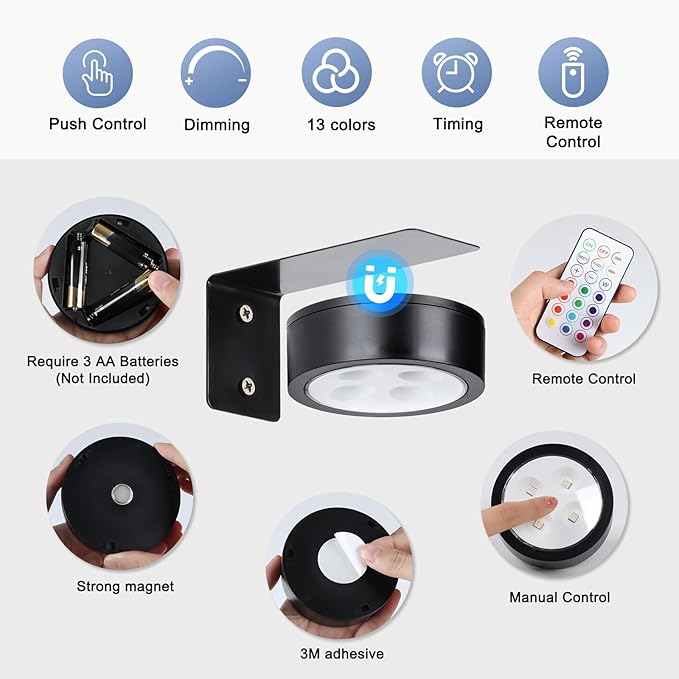 KELUOLY 4-Pack Wireless Battery Operated Painting Light with Remote Control,13 Color RGB Magnetic Led Art Picture Lights for Wall, Dimmable and Timer Poster Light, Wall Decor Black Display Light