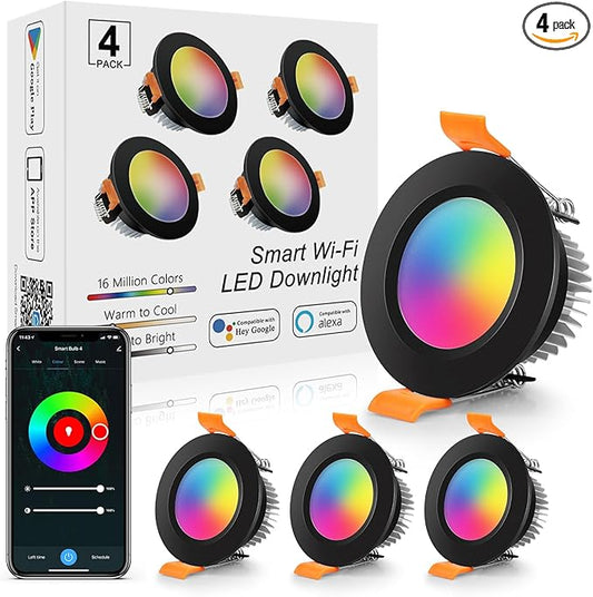 LightingWill 2 Inch Recessed Lighting, Smart WiFi LED Downlight, 5W LED Ceiling Light Compatible with Alexa/Google Assistant, Dimmable RGB & 2700K-6500K, 120V with Driver, Black Trim (4 Pack)
