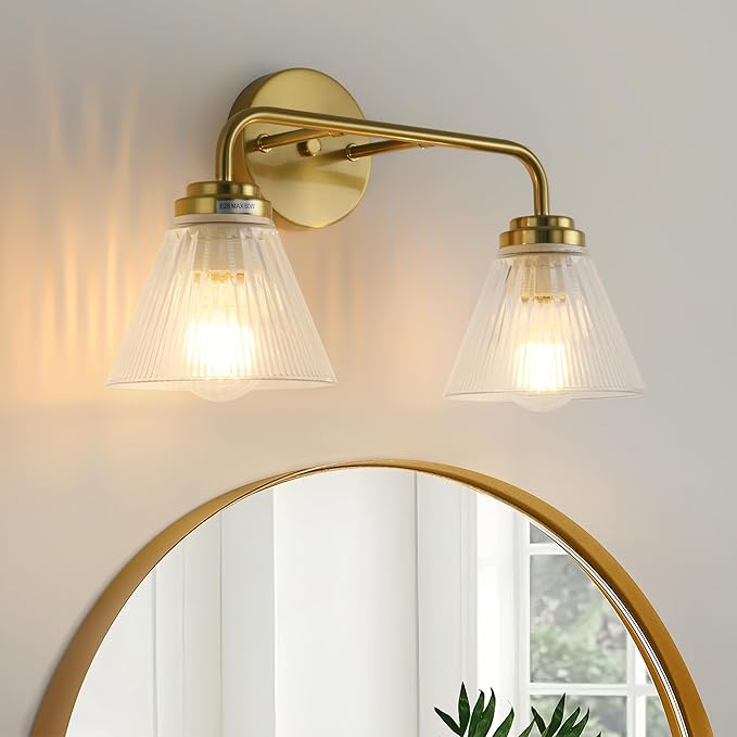 Modern Bronze Bathroom Vanity Light, 2-Light Wall Sconce with Clear Ribbed Glass Shades, Farmhouse Industrial Light Fixture for Bathroom, Vanity Mirror, Powder Room, Hallway (bronze, Eletroplate, 2)