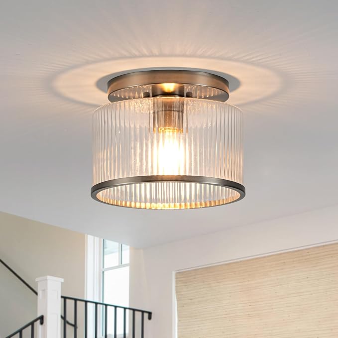 Zlepmlla Glass Ceiling Light, Clear Ribbed Glass Ceiling Light Fixture with Nickel Metal Frame, Modern Semi Flush Mount Ceiling Light for Hallway,Entryway, Bedroom, Bathroom, Kitchen