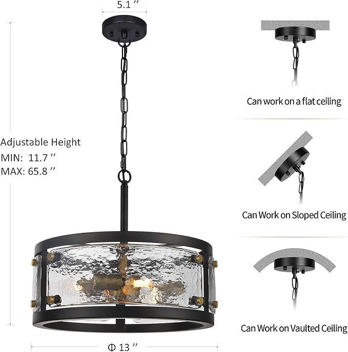 CNRATYE 13" Industrial Drum Glass Chandelier, 3-Light Rustic Hanging Pendant Lights, Metal Round Lighting Fixture for Dining Room Foyer Entryway Hallway Bedroom, Clear Waterglass Drum Shade