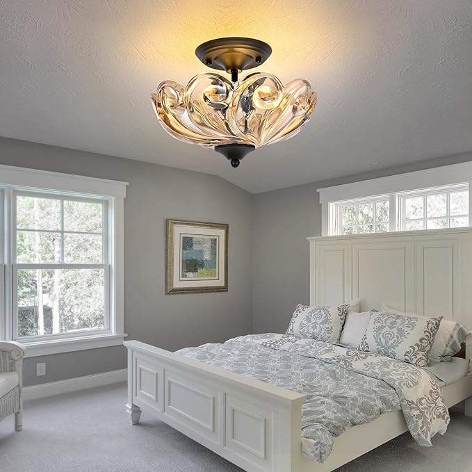 HuixuTe Modern Semi Flush Mount Ceiling Light, 3-Light Black Close to Ceiling Light Fixture with Amber Glass Shade for Bedroom Living Room Entryway