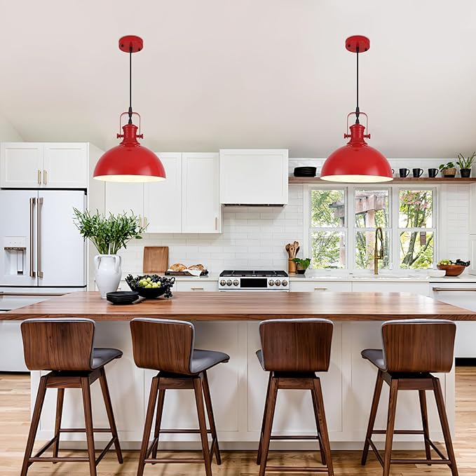 Red Pendant Lights 2 Pack, 9.8" Farmhouse Pendant Lights, Industrial Pendant Light, Modern Pendant Lighting for Kitchen Island Dining Room Bedroom