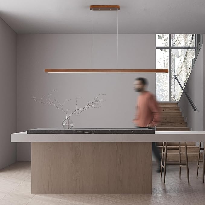 YISDESIGN 59" Wood Linear Pendant Light Fixtures Modern Led 40w Dimmable Pendant Lighting Kitchen Island Lighting Ceiling Hanging Farmhouse Chandeliers for Dining Room Pool Table Walnut Color