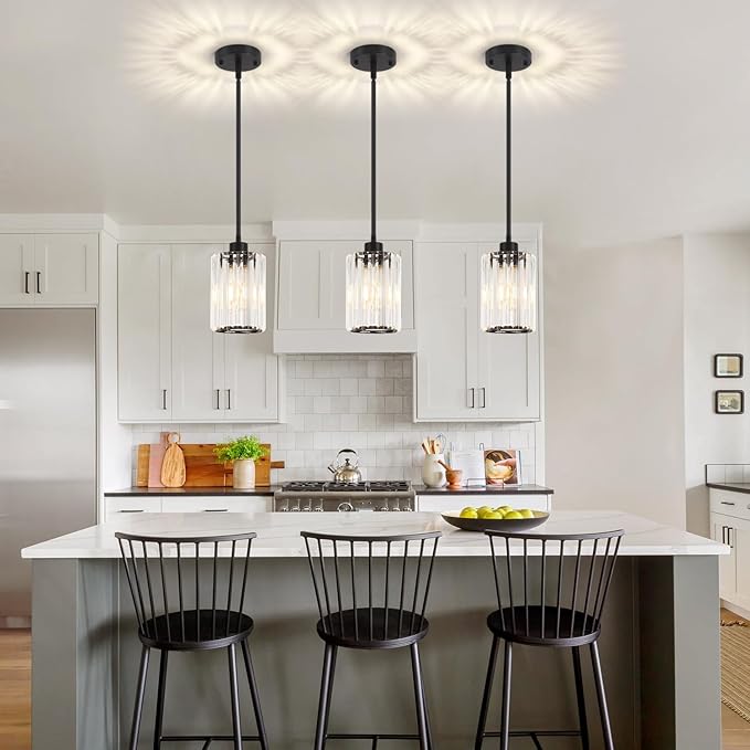 2 Pack Black Pendant Lights Kitchen Island, Modern Crystal Kitchen Pendant Lighting Over Island Dining Room Light Fixtures Adjustable Hanging Pendant Light for Bathroom Hallway Entryway Foyer Bedroom