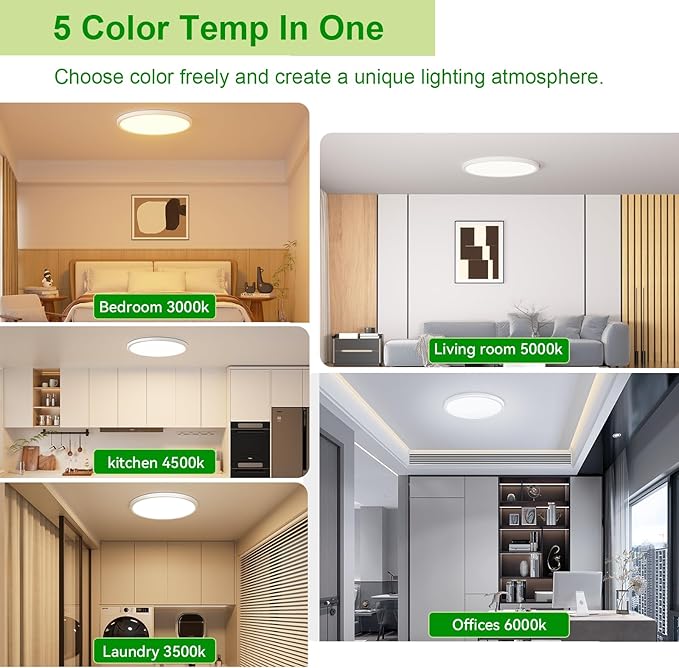hunhun 3200lm LED Flush Mount Ceiling Light 12 Inch,5CCT Adjustable, Super Slim 0.87 inch led Ceiling Light Fixture for Bedroom, Living Room, Dining Room (White, 1-Pack)
