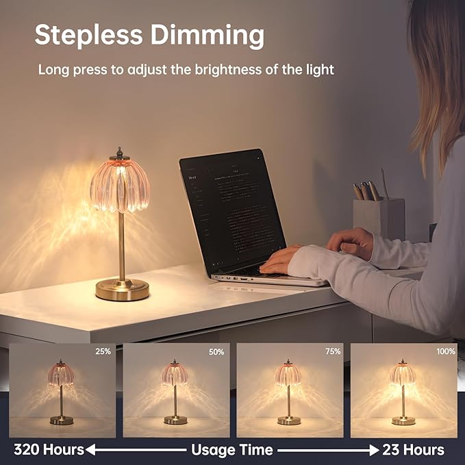 Shenmoyl Tulip Table Lamp with 5200mAh Battery & Touch Control, Cordless Small Table Lamp with 3 Colors, Dimmable Rechargeable Table Lamps for Living Room, Bedroom, Desk, Bedside (Clear Pink Tulip)