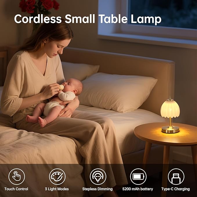 Shenmoyl Tulip Small Table Lamp, 5200mAh Cordless Touch Control Mini Table Lamp with 3 Color Temps & Stepless Dimming, Perfect for Small Spaces Like Dressers, Bedsides, Bookshelves (White Tulip)