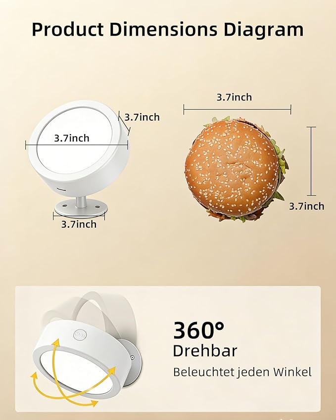 EZVALO LED Wall Mounted Light, 3000mAh Rechargeable Cordless Wall Sconce, 3 Color Temperatures, Dimmable with Remote & Touch Control, 360° Rotatable for Bedroom, Bedside, Reading, Study (White)