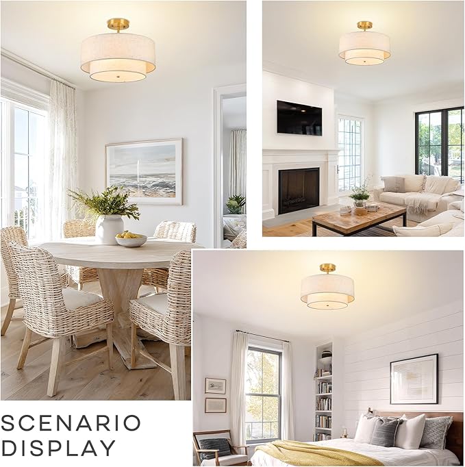 16" Semi Flush Mount Ceiling Light, 3-Light Double Drum Fabric Linen Shade for Living Room, Bedroom, Kitchen, Dining Room, Hallway and Entryway