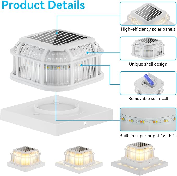 Solar Post Light 8 Packs with 4x4, 5x5 and 6x6 Inches Base for Vinyl/Wooden Posts, Bright 16 LEDs Solar Cap Lights with Two Light Modes for Decorating Deck, Patio, Porch, Fence (White)