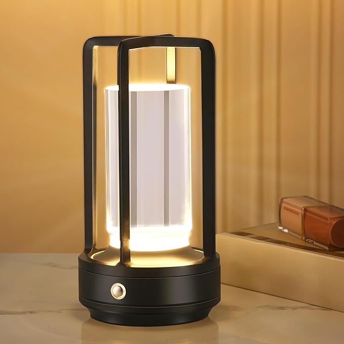 Portable Metal Table Lamp,Cordless Table Lamp, Rechargeable Battery Powered Portable LED Desk Lamp, 3 Color Stepless Dimming Touch, for Bedroom Restaurant Home Outdoor(Black)