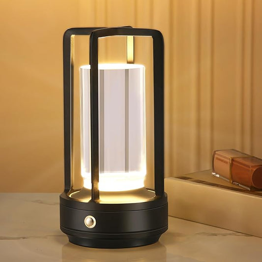 Portable Metal Table Lamp,Cordless Table Lamp, Rechargeable Battery Powered Portable LED Desk Lamp, 3 Color Stepless Dimming Touch, for Bedroom Restaurant Home Outdoor(Black)