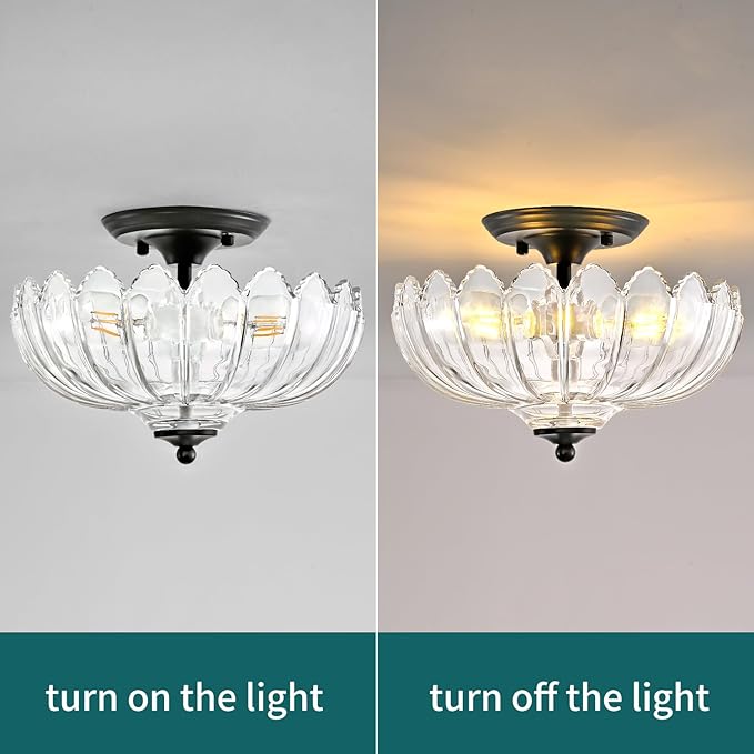 Clear Glass Ceiling Light Fixture - Handmade Art Glass Semi Flush Mount Lighting with 3 E26 Bases, Crystal-Like Transparency for Bedroom Kitchen Hallway, Modern Vintage Home Decor