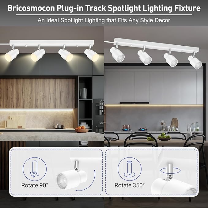 Plug in Track Lighting, 23" LED Track Light Fixtures Ceiling, White 4 Way Spotlight, Rotatable Light Head, Plug in Ceiling Light with Power Cord, Plug Wall Light for Kitchen Hallway Bar(GU10, NO Bulb)