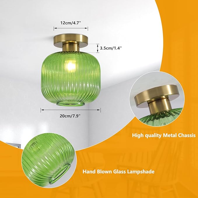 BOKT Modern Semi Flush Mount Ceiling Light with Green Glass Shade Minimalism Gold Ceiling Light 7.9 Inch Close to Ceiling Lamp for Corridor Kitchen Living Room