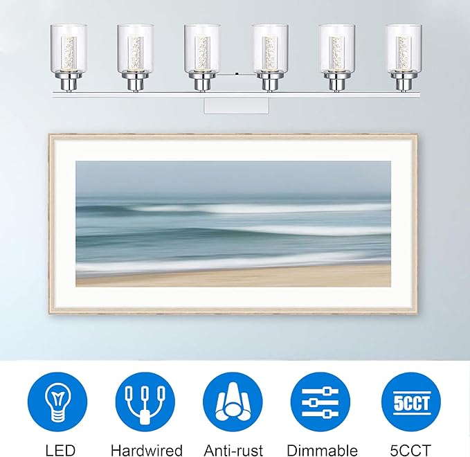 MELUCEE 6-Light LED Bathroom Vanity Light 5 Color Dimmable, Modern Chrome Vanity Lights Bathroom Light Bar Wall Sconce Lamp with Crystal Bubble Clear Glass Shade, Built-in LED Chips