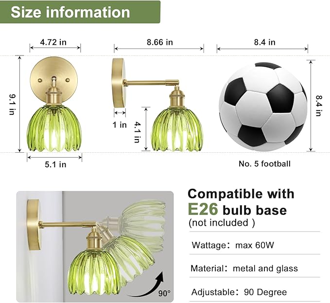 Hardwired Wall Sconces Set of Two, Vintage Wall Lights with Green Tulip Glass Lampshade, Gold Wall Lamps for Bedroom Bedside Stairway Bathroom Living Room (Bulbs Not Included, Not Battery Powered)