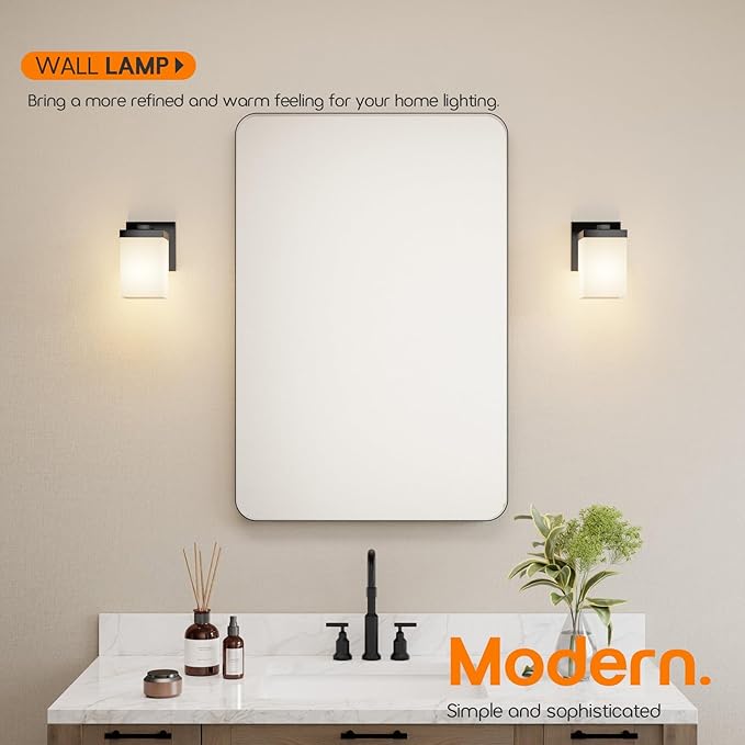 Wall Light Fixture Black Vanity Lighting Over Bathroom Mirror with White Frosted Glass, Wall Lamp for Powder Room Washroom Entrance T003MB-L1