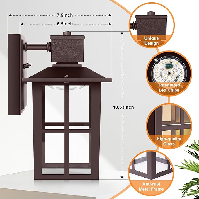 Brightever Outdoor Wall Light Fixture, LED Exterior Wall Lantern Waterproof, 10W 800LM High Brightness, 3000K/4000K/6500K Selectable Brown Patio Wall Lights for House 1 Pack