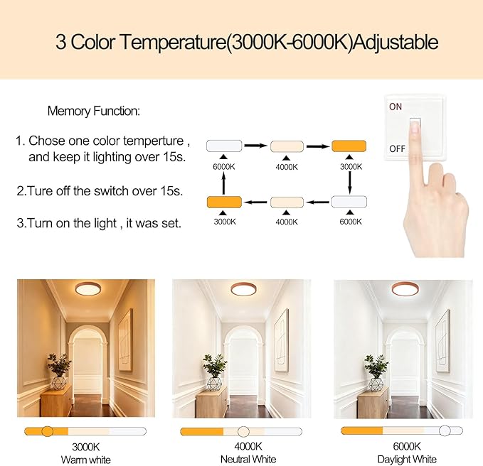 COTULIN 9 Inch LED Wood Grain Flush Mount Ceiling Light Fixtures Set of 2, Modern 22W Round Flat Overhead 3000K-4000K-6000K Selectable Ceiling Lamps for Bedroom, Living Room, Kitchen, Entryway