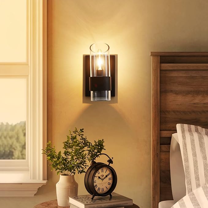 WUZUPS Set of 2 1-Light Bathroom Wall Light Fixture Over Mirror Class Shade Morden Vanity Scones for Bathroom Bedroom Living Room, E12 Base, Black