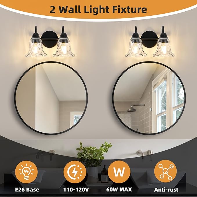 Bathroom Light Fixtures over Mirror, 2 Lights Vintage Wall Sconces with Hammered Glass Shade, 12.6" Matte Black Farmhouse Bathroom Wall Light Fixtures for Bedroom, Porch, Hotel, Mirror Cabinet