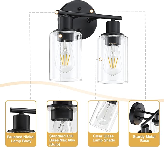 Bathroom Vanity Light Fixtures, 2-Light Black Vanity Light with Glass Shades, Matte Black Vanity Lights for Bathroom, Bathroom Lights over mirror Wall Sconces for Mirror Living Room Bedroom Hallway