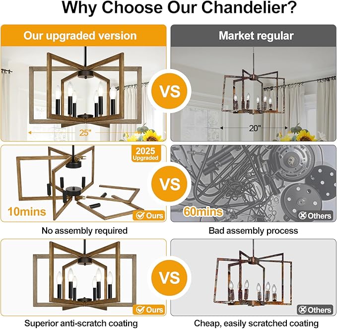 25" Retro Wood Texture Chandelier for Dining Room, No Assembly Required Dining Room Light Fixture Over Table, Industrial Metal Hanging Pendant Lights Fixture for Kitchen Island, Entryway, Foyer