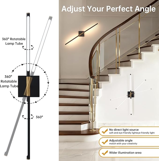 Shenmoyl Battery Operated Wall Sconce Set of 2, 10400mAh Wireless Wall Sconces, 3000K-6000K Dimmable, 350°Rotate, Indoor Wall Lights with Remote for Bedroom Living Room Bathroom, Black Gold, 31.5 Inch
