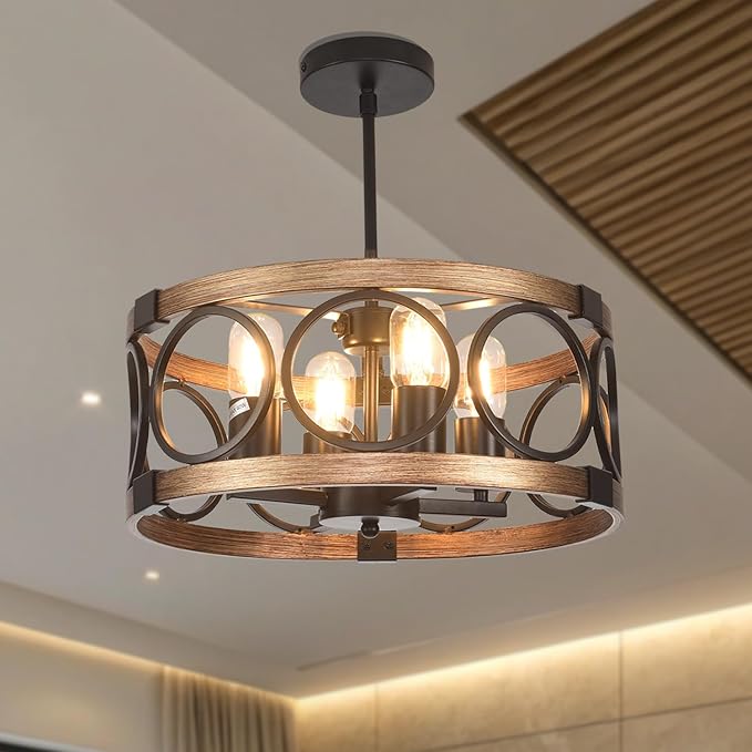 4-Light Semi Flush Mount Ceiling Light Fixture,17.71" Black Light Fixtures Ceiling Mount Kitchen Lighting Fixture Rustic Drum Chandelier Ceiling Haning Pendant Light Fixture