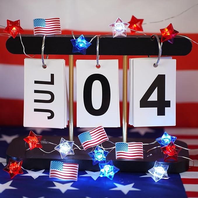 BOHON 4th of July Decorations Battery Operated String Lights 13 ft 40 LEDs | Red White and Blue Star American Flag Lights for Home Patriotic Memorial Independence Day Fourth of July Decor with Timer