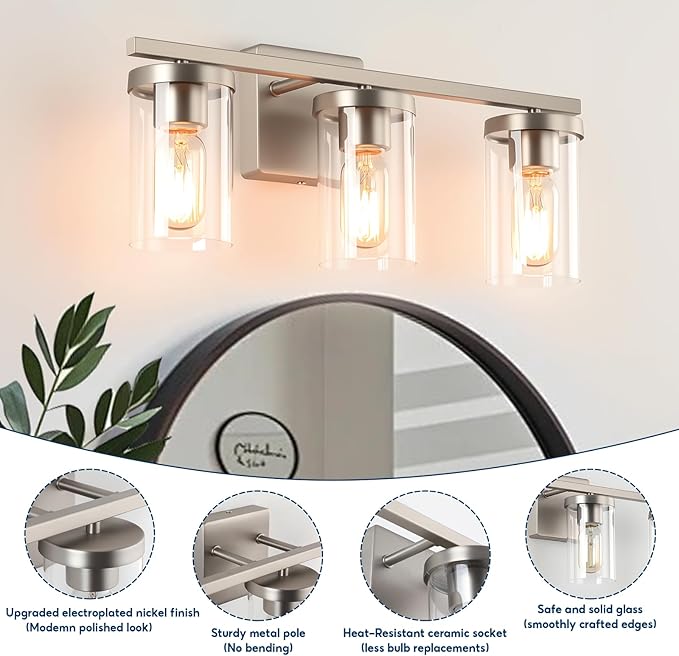 20in Bathroom Light Fixture Over Mirror, 3-Light Nickel Vanity Lights with Clear Glass Shades, Modern Wall Sconces for Living Room, Bedroom, Hallway, E26 Base