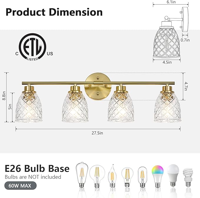 4-Light Bathroom Light Fixtures, Modern Brushed Gold Vanity Light Over Mirror, Wall Sconce with Clear Hammered Glass Shades, E26 Base (Bulbs Not Included)