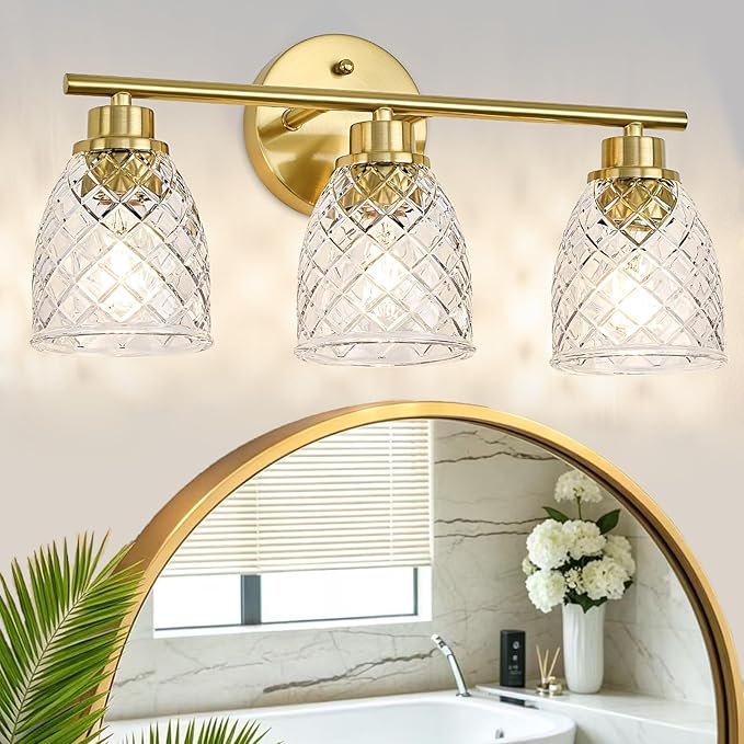 3-Light Bathroom Light Fixtures, Modern Brushed Gold Vanity Light Over Mirror, Wall Sconce with Clear Hammered Glass Shades, E26 Base (Bulbs Not Included)
