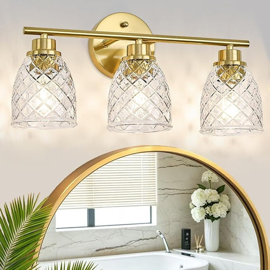 3-Light Bathroom Light Fixtures, Modern Brushed Gold Vanity Light Over Mirror, Wall Sconce with Clear Hammered Glass Shades, E26 Base (Bulbs Not Included)