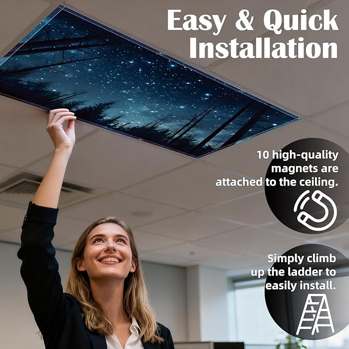 ANGSYLTH 8 Pcs Fluorescent Light Covers - 4 x 2 Feet Covers for Ceiling Lights, Magnetic Light Filters for Classroom, Office, Hospitals, Home (Forests & Starry Sky-2)