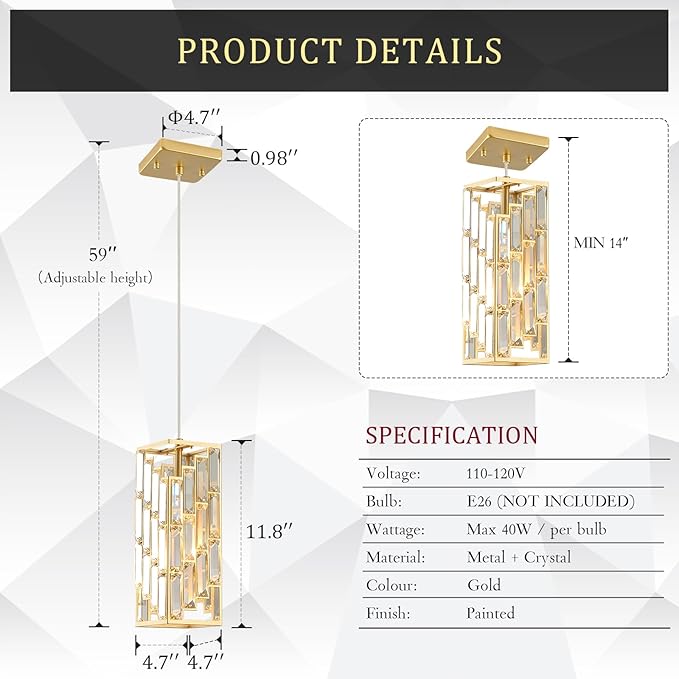 CATINER Gold Crystal Pendant Light 3 Pack, Mini Hanging Pendant Lighting Fixture with Adjustable Cord, Modern Gold Kitchen Island Pendant Lights for Dining Room, Bedroom, Hallway, E26 Base