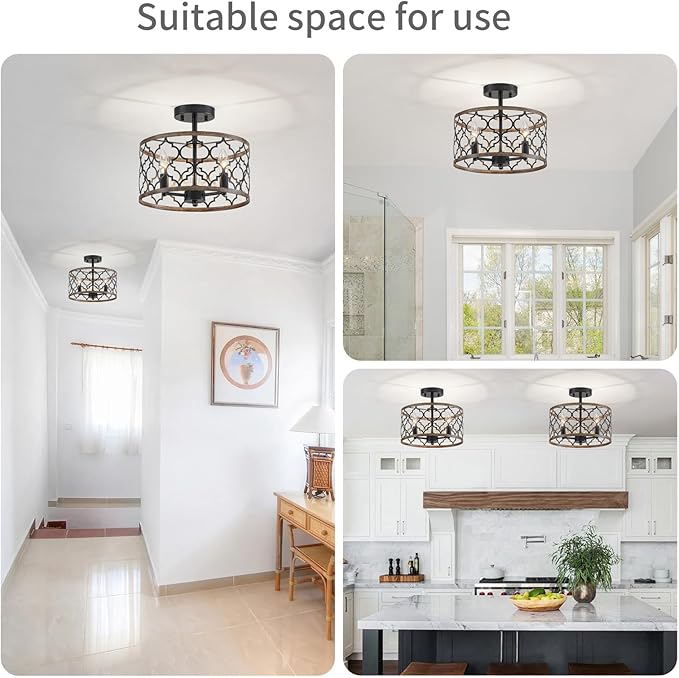 WUZUPS Chandelier 3-Light Vintage Farmhouse Semi-Flush Mount Ceiling Light Lighting Fixture for Foyer Bedroom Hallway Storage Room Kitchen Bathroom, H 9.8" x W 12.4", E12 Base, Black & Wood Imitaion