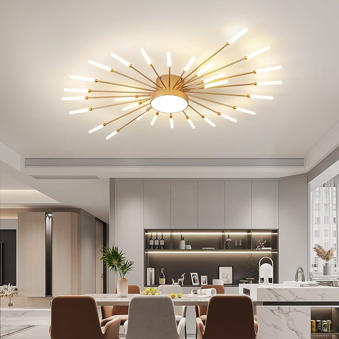 ziidoo Modern Ceiling Light, 28+1 Lights Metal Firework Designed Chic Led Lighting Fixture for Farmhouse Kitchen Dining Room Bedroom Hallway Living Room (Gold and Dark Gold)