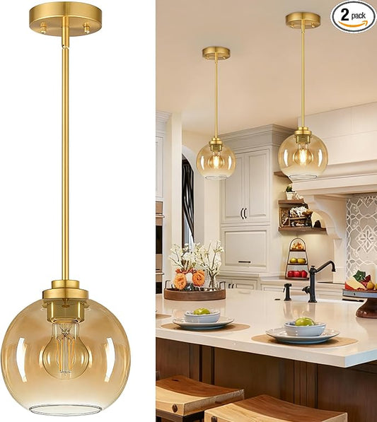 MQMQA 2 Pack 7.2-Inch Globe Pendant Lights, Mid Century Gold Pendant Light Fixtures, Amber Glass Pendant Lights Kitchen Island Adjustable Hanging Fixture for Dining Room Bulbs not Included